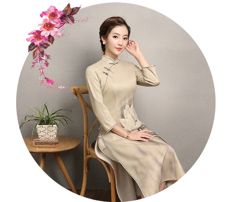 黃色金荷旗袍，時尚家佳樂文學(xué)旗袍裙