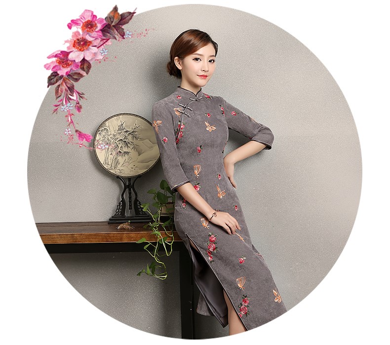 藍灰色蝴蝶旗袍，優(yōu)雅復(fù)古旗袍裙