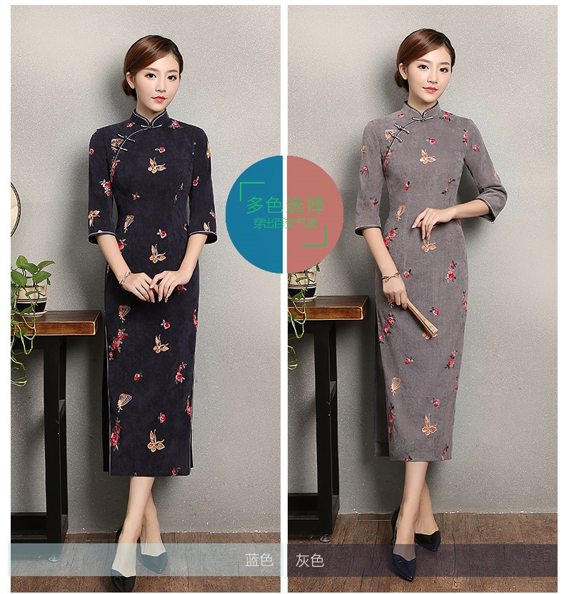 藍灰色蝴蝶旗袍，優(yōu)雅復(fù)古旗袍裙