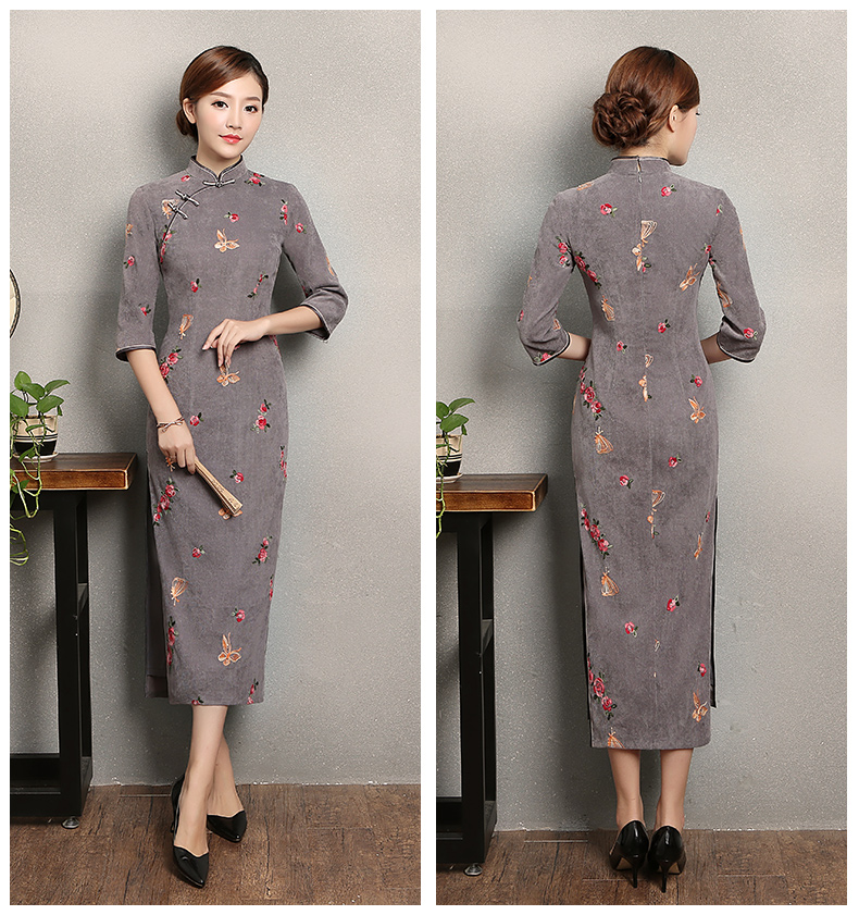 藍灰色蝴蝶旗袍，優(yōu)雅復(fù)古旗袍裙