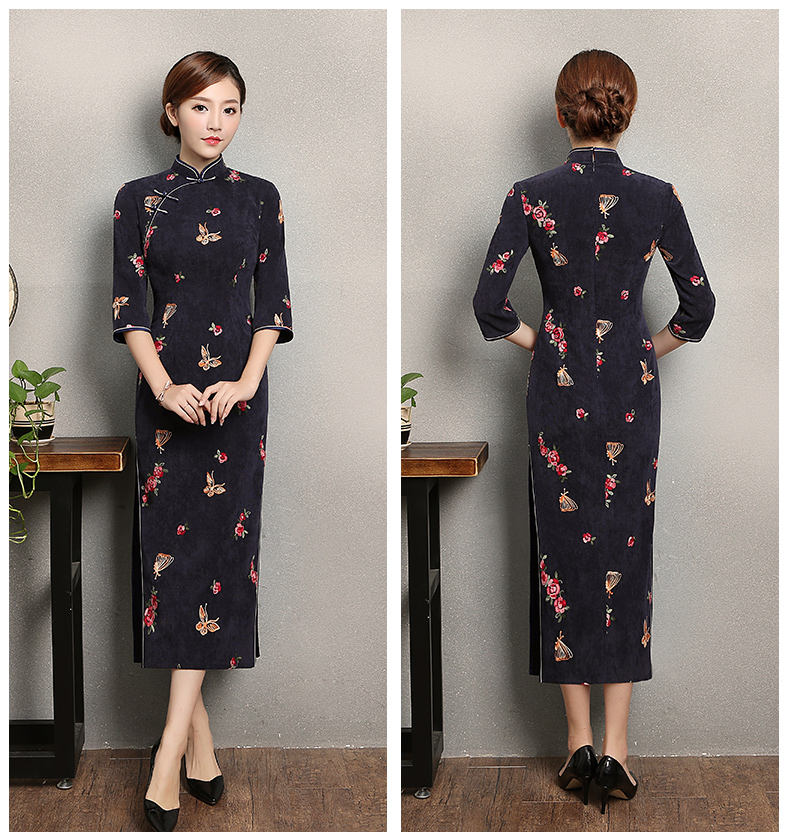 藍灰色蝴蝶旗袍，優(yōu)雅復(fù)古旗袍裙