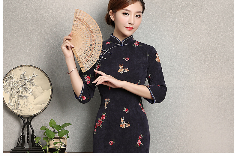 藍灰色蝴蝶旗袍，優(yōu)雅復(fù)古旗袍裙