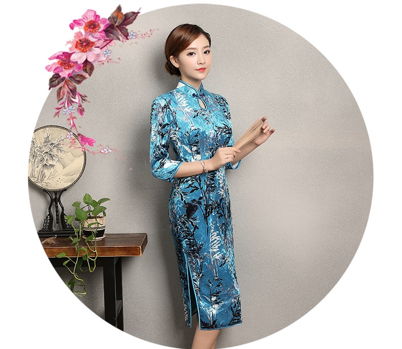 藍(lán)色印花郁蘭旗袍，優(yōu)雅復(fù)古旗袍裙