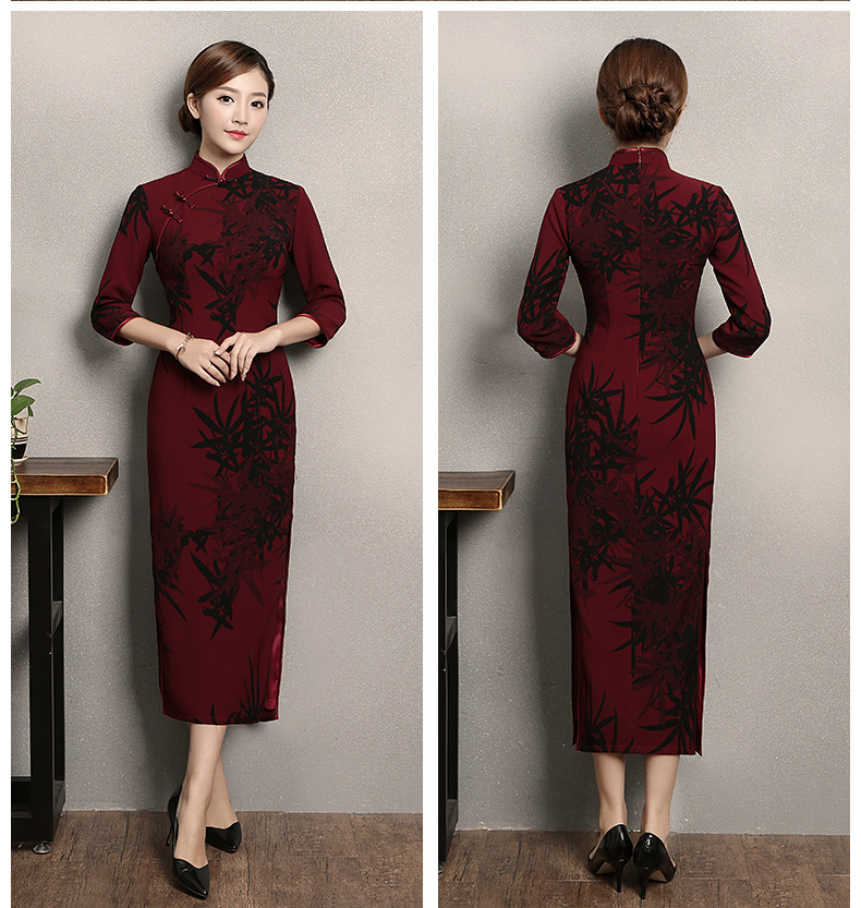 暗紅色竹香旗袍，古典中袖旗袍裙