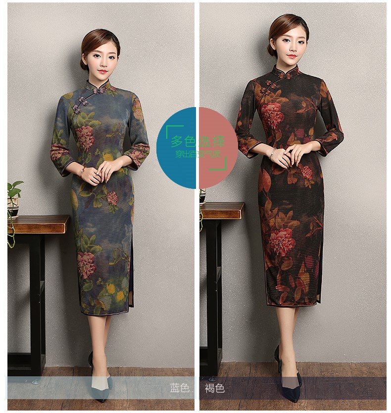 牡丹花色旗袍，古典中袖旗袍裙