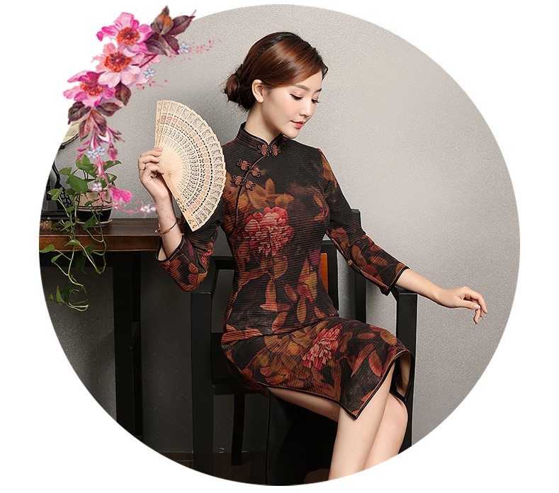 牡丹花色旗袍，古典中袖旗袍裙