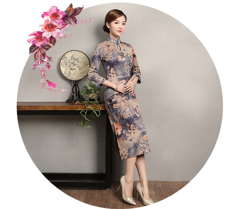 復古印花旗袍，藍紫色中袖旗袍裙