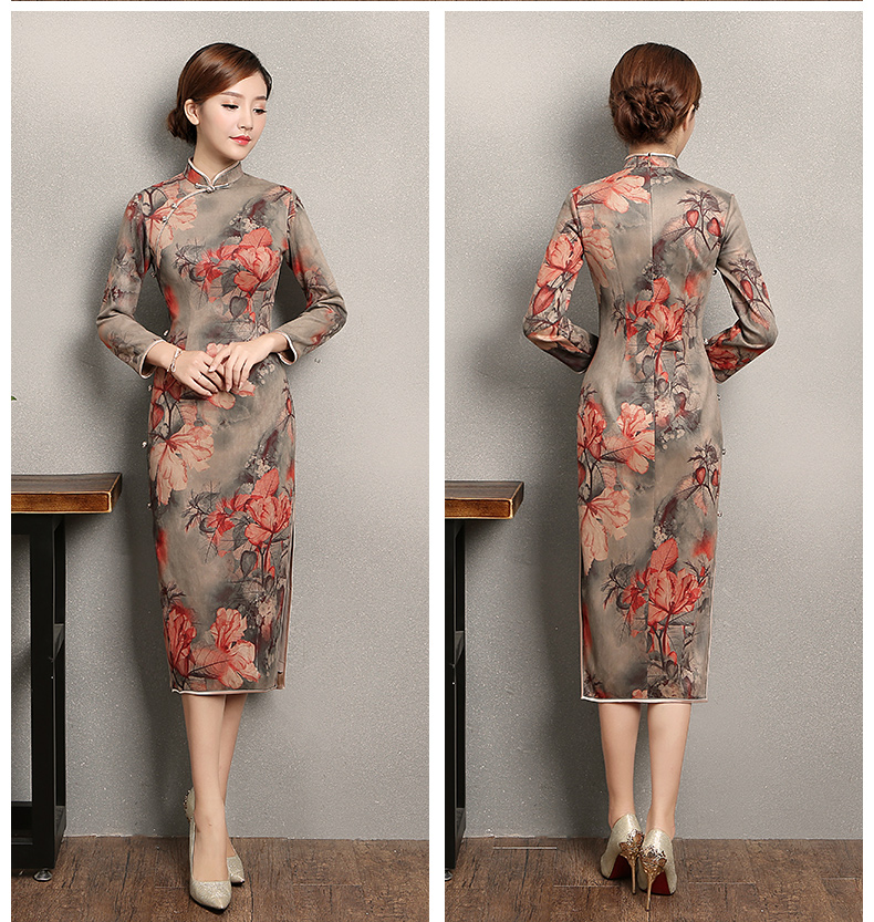 復(fù)古風(fēng)紅旦旗袍，中式紅花朵旗袍裙
