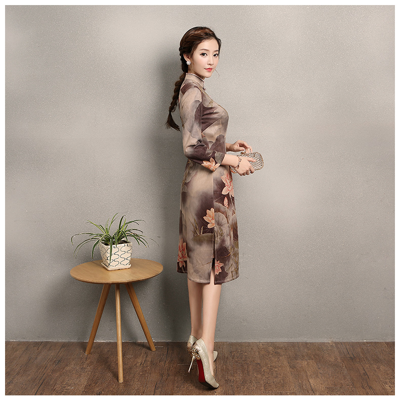 粉荷印花旗袍，家佳樂文學(xué)復(fù)古旗袍裙