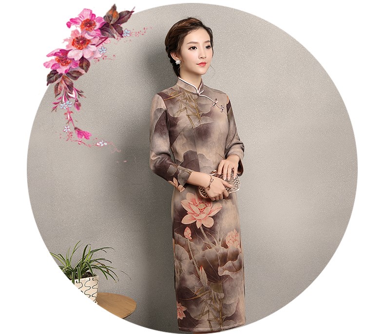 粉荷印花旗袍，家佳樂文學(xué)復(fù)古旗袍裙