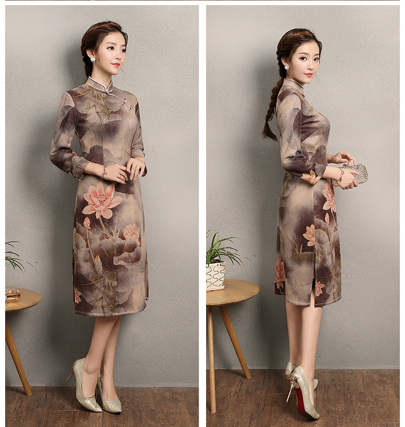 粉荷印花旗袍，家佳樂文學(xué)復(fù)古旗袍裙