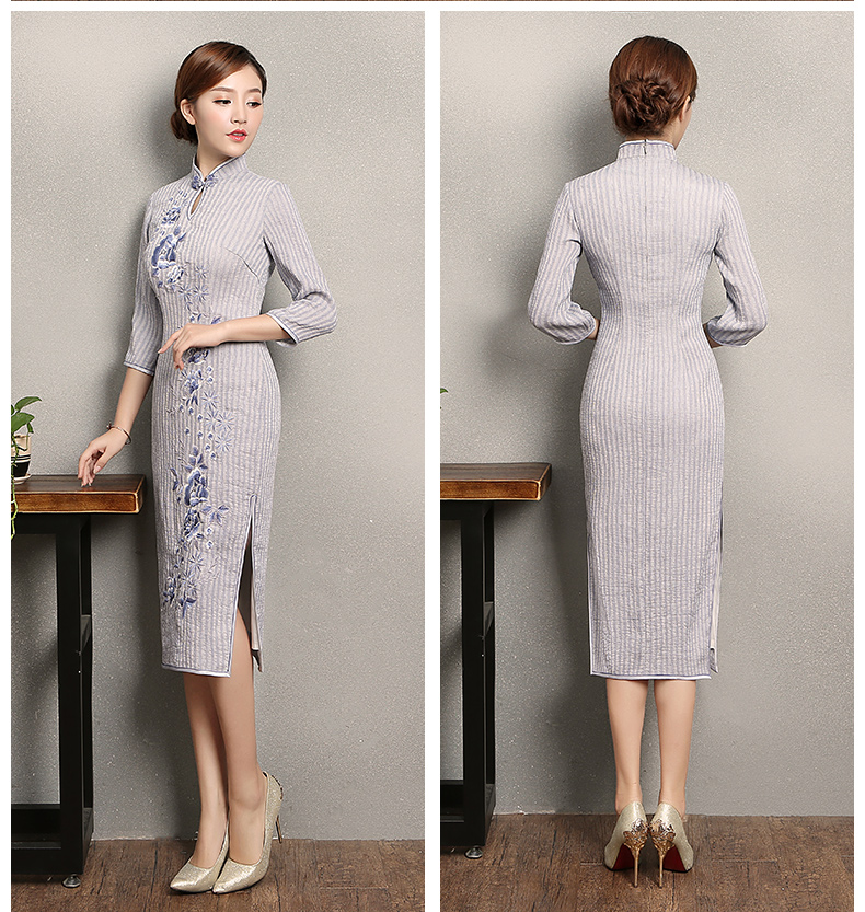 淡紫色條紋旗袍，文藝復古繡花旗袍裙