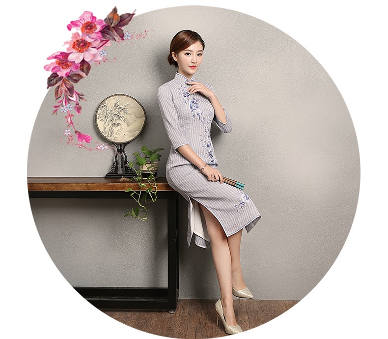 淡紫色條紋旗袍，文藝復古繡花旗袍裙