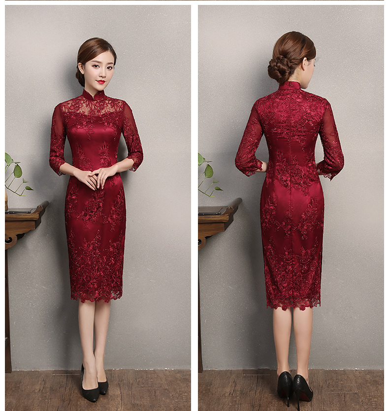 紅色蕾絲旗袍，復(fù)古刺繡旗袍裙