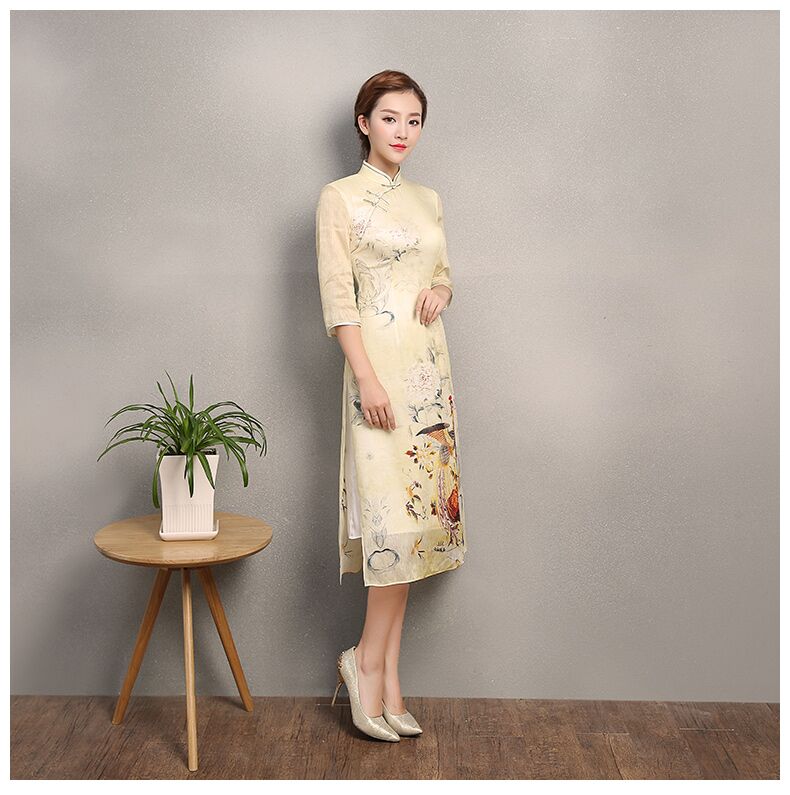 淡黃色靈鳳旗袍，奧黛改良旗袍裙