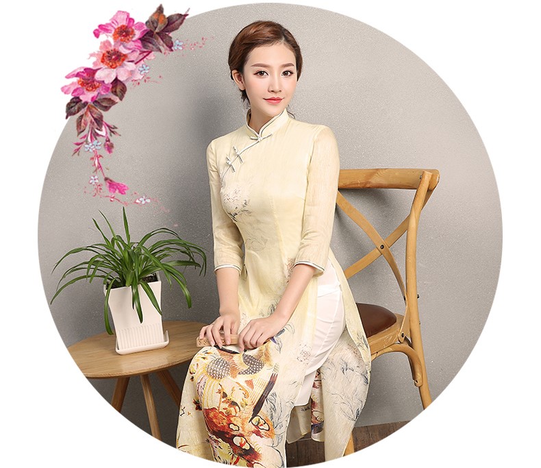 淡黃色靈鳳旗袍，奧黛改良旗袍裙