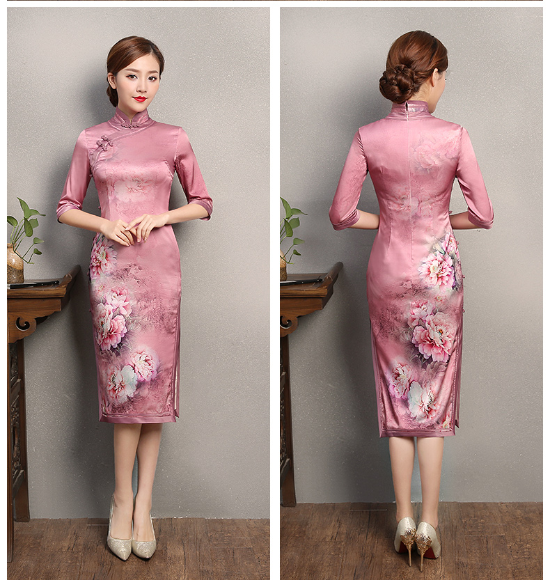 粉色墨畫旗袍，中袖真絲旗袍裙