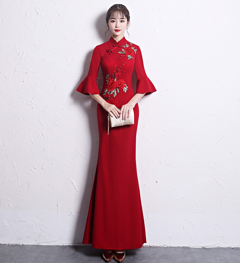 時尚復古中式禮服，喇叭袖晚禮服