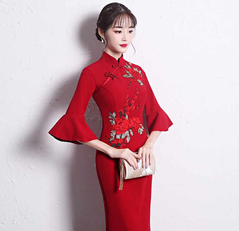 時尚復古中式禮服，喇叭袖晚禮服
