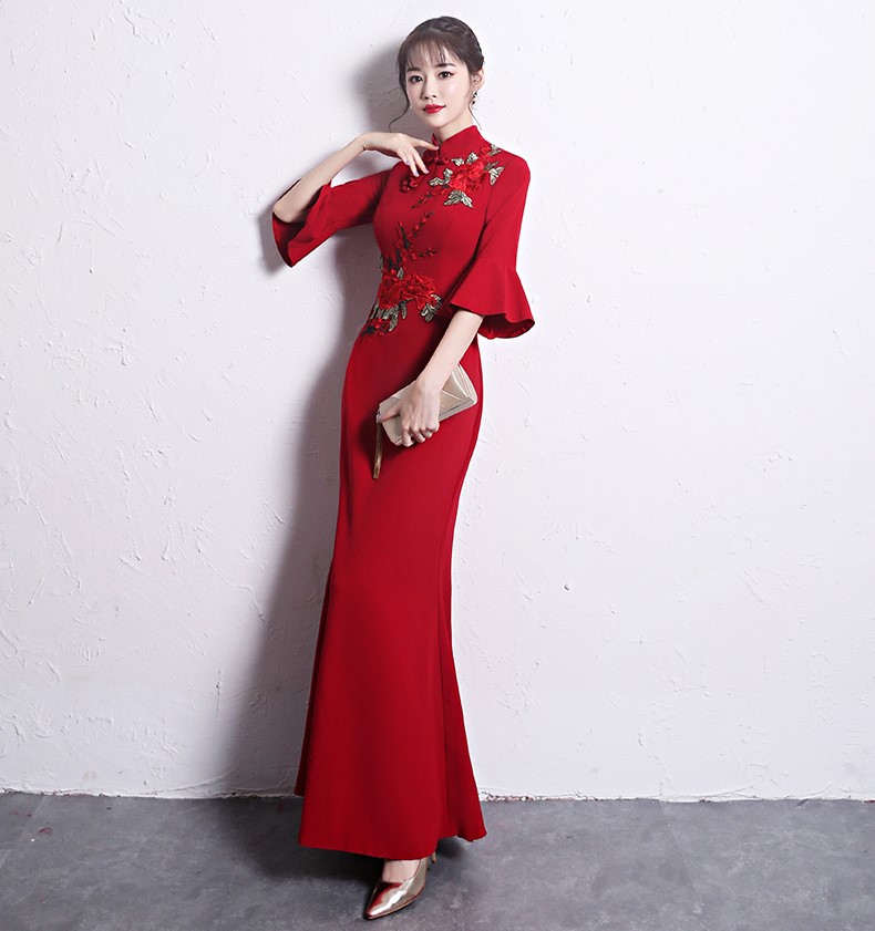 時尚復古中式禮服，喇叭袖晚禮服