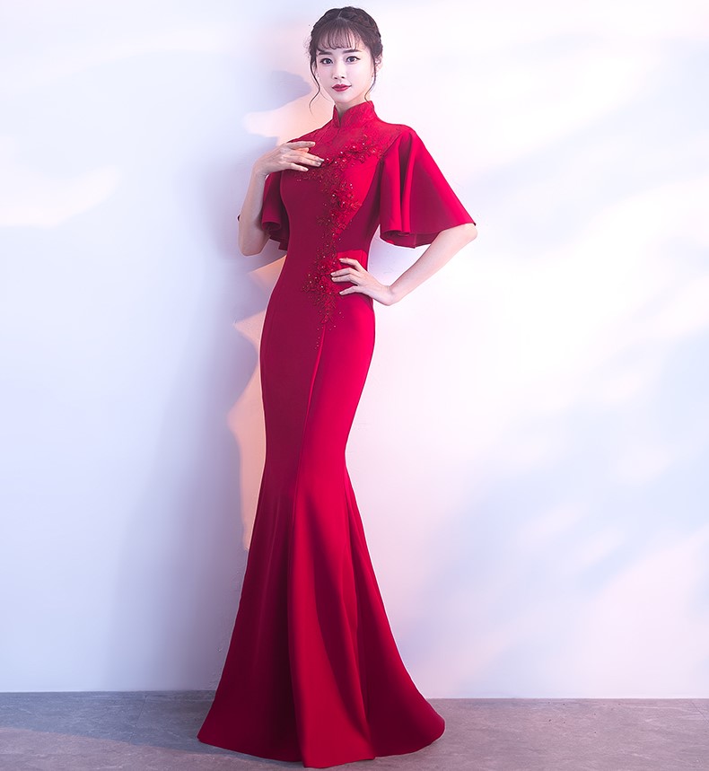 時尚喇叭袖口中式禮服，立體花朵魚尾晚禮服