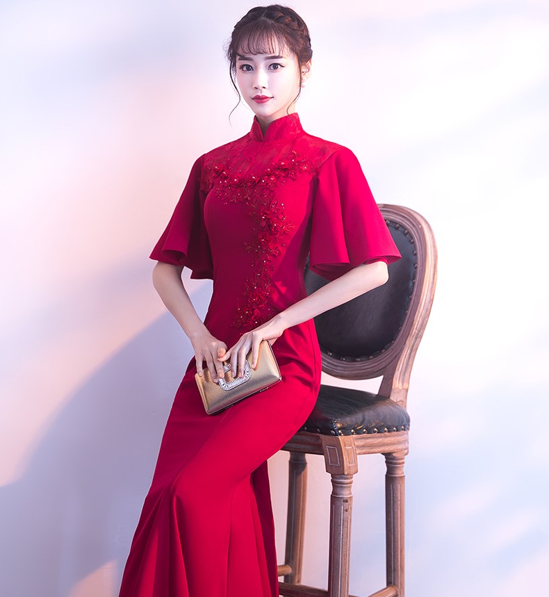 時尚喇叭袖口中式禮服，立體花朵魚尾晚禮服