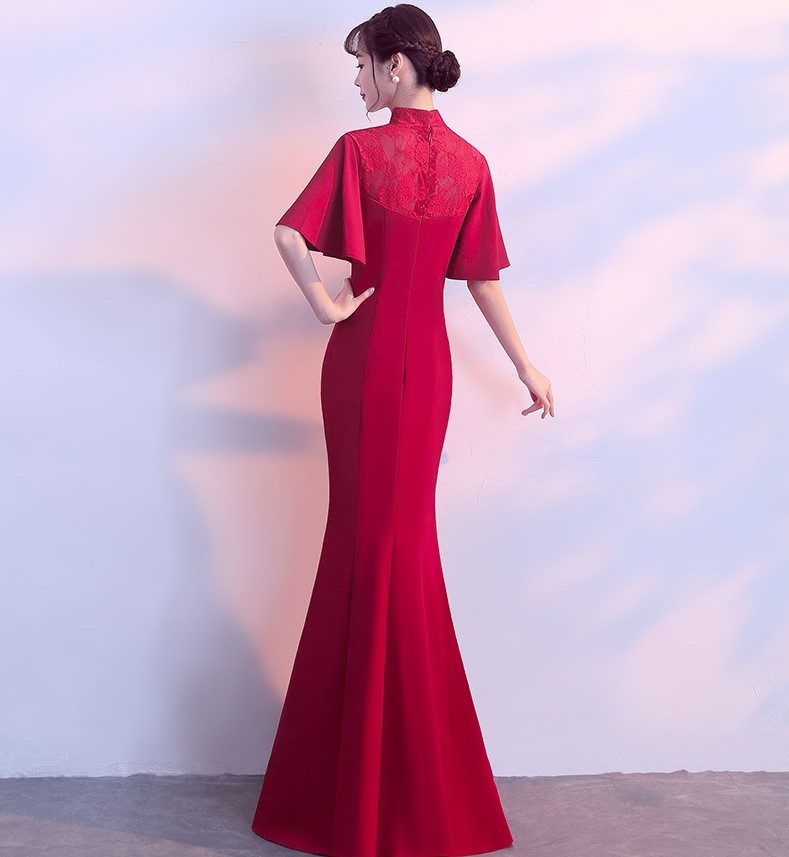 時尚喇叭袖口中式禮服，立體花朵魚尾晚禮服