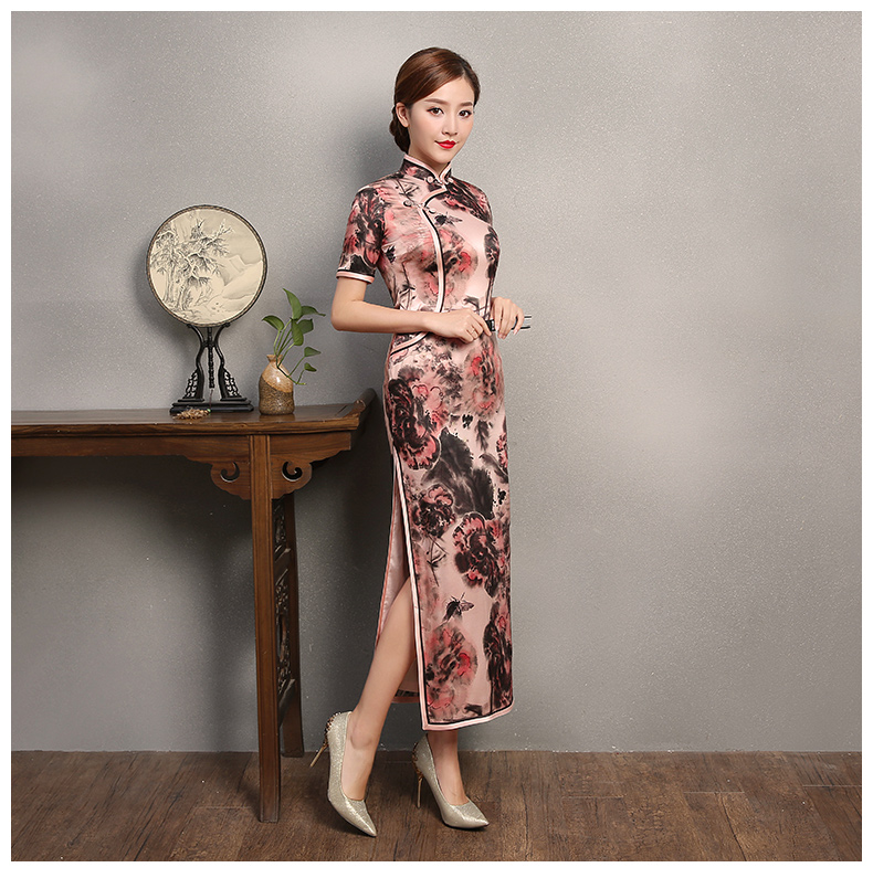 秋鴻印花旗袍，真絲中袖旗袍裙