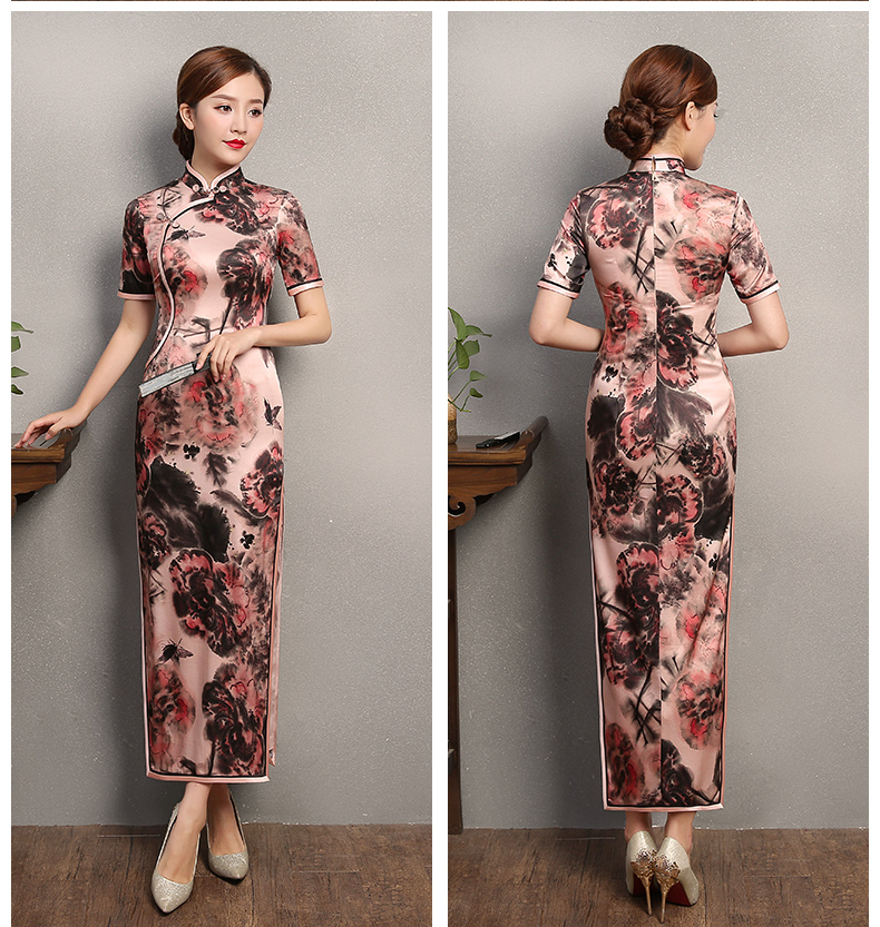 秋鴻印花旗袍，真絲中袖旗袍裙