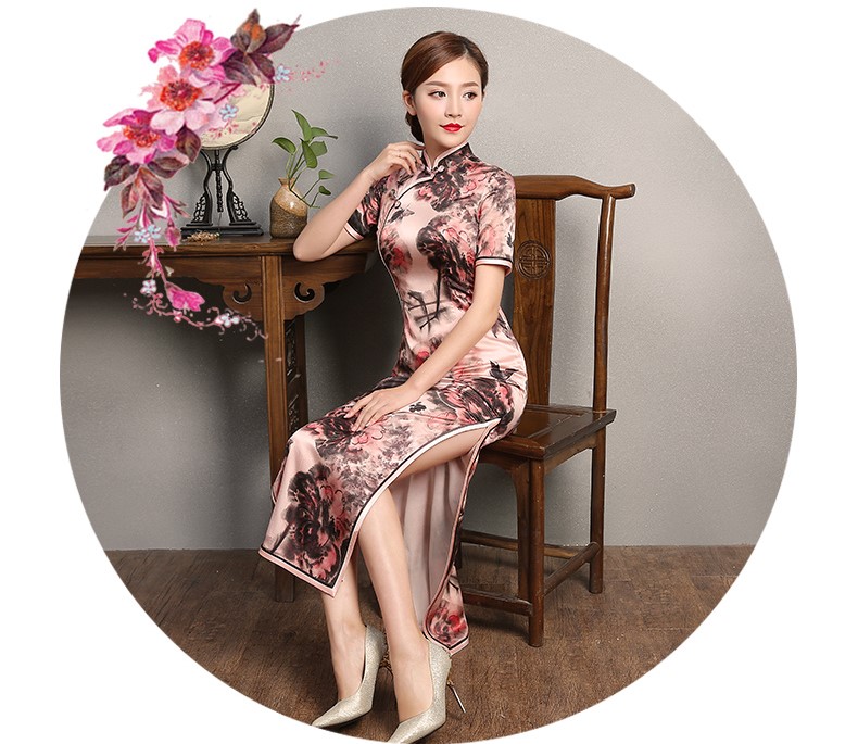 秋鴻印花旗袍，真絲中袖旗袍裙