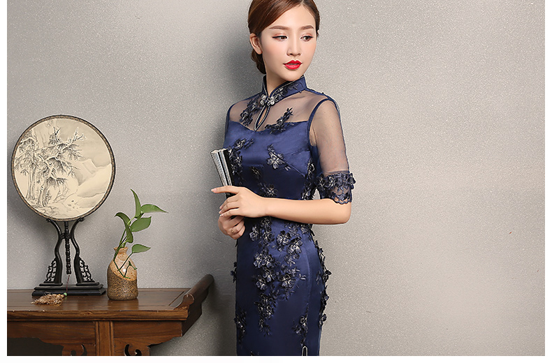 藍色薔薇繡花旗袍，復(fù)古蕾絲旗袍裙