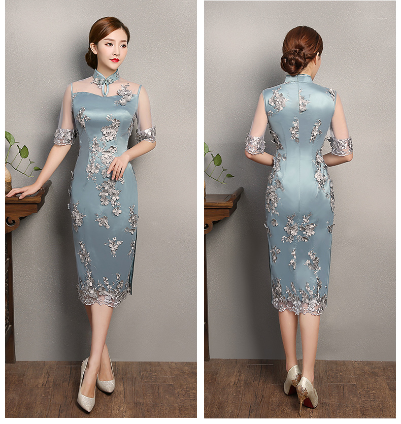 藍色薔薇繡花旗袍，復(fù)古蕾絲旗袍裙