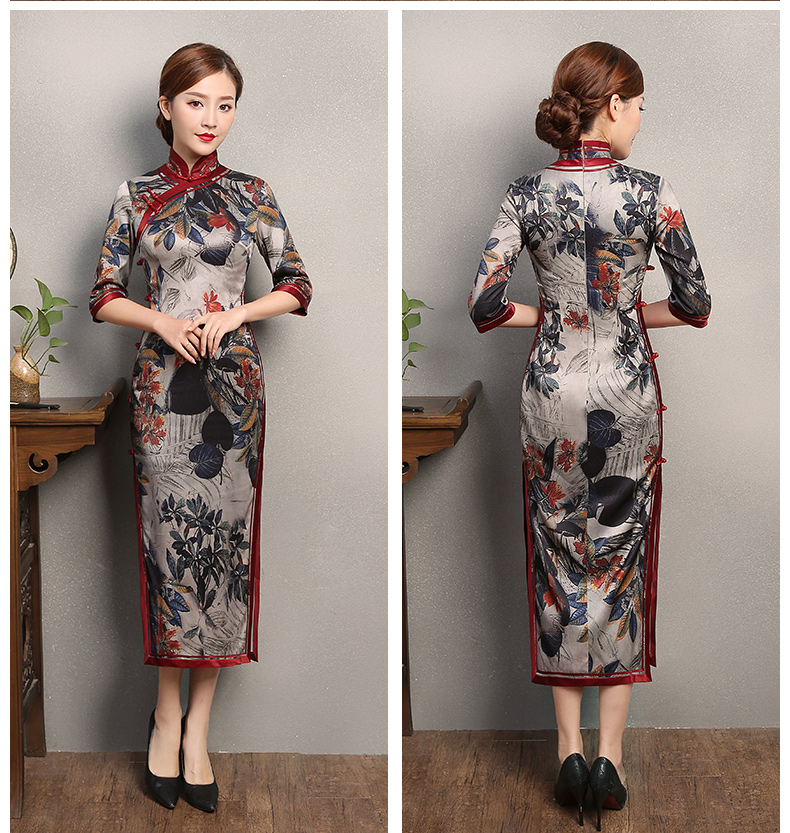 復古典雅旗袍，中袖浪漫印花旗袍裙