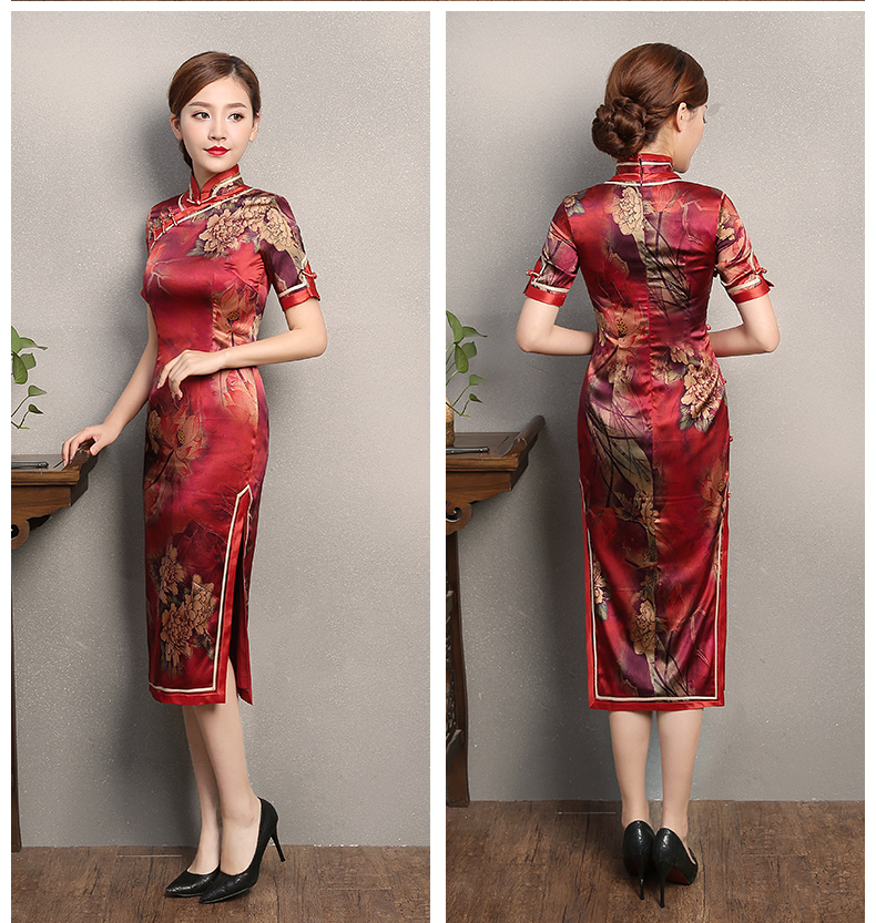 紅色復(fù)古風(fēng)情旗袍，短袖印花旗袍裙