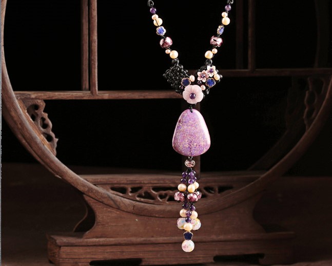 珍珠紫水晶石頭吊墜毛衣鏈，復(fù)古民族風(fēng)項(xiàng)鏈