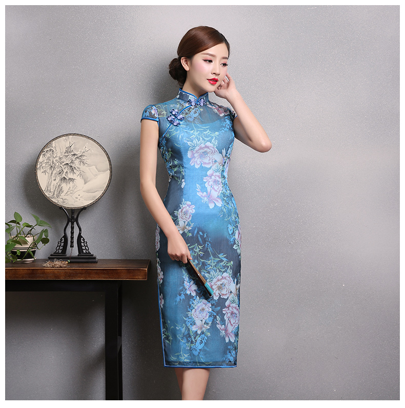 典雅藍(lán)色印花旗袍，時尚短袖旗袍裙