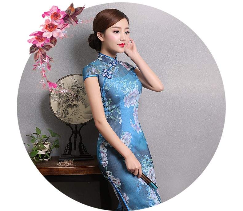 典雅藍(lán)色印花旗袍，時尚短袖旗袍裙