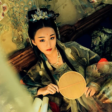 華麗妝容帶團(tuán)扇女子頭像，唯美古風(fēng)真人頭像