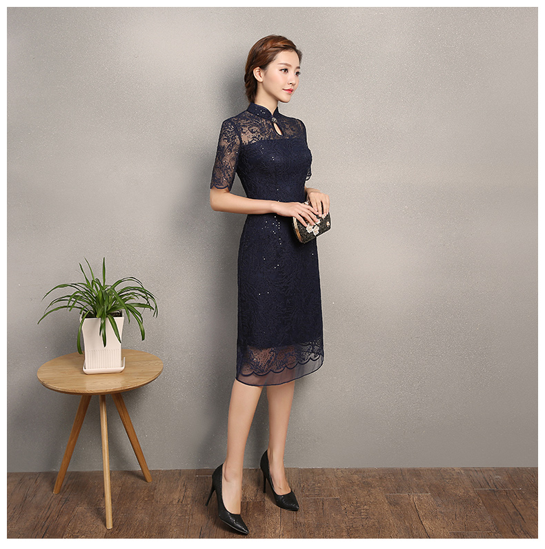 復(fù)古蕾絲繡花亮片旗袍，深藍(lán)色旗袍裙