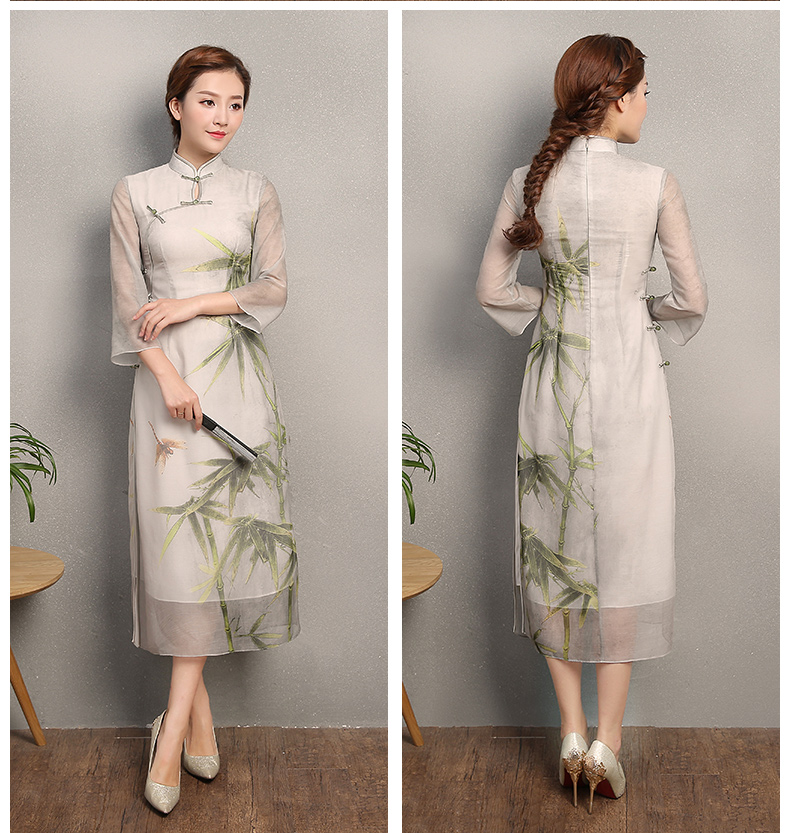 竹軒淡雅旗袍，中袖改良奧黛風(fēng)旗袍裙