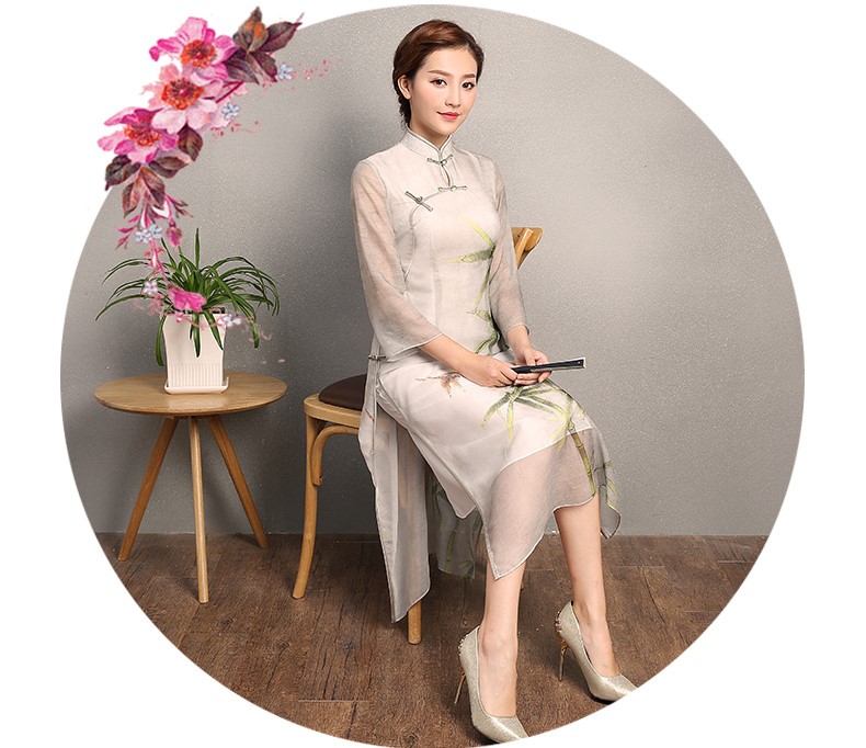 竹軒淡雅旗袍，中袖改良奧黛風(fēng)旗袍裙