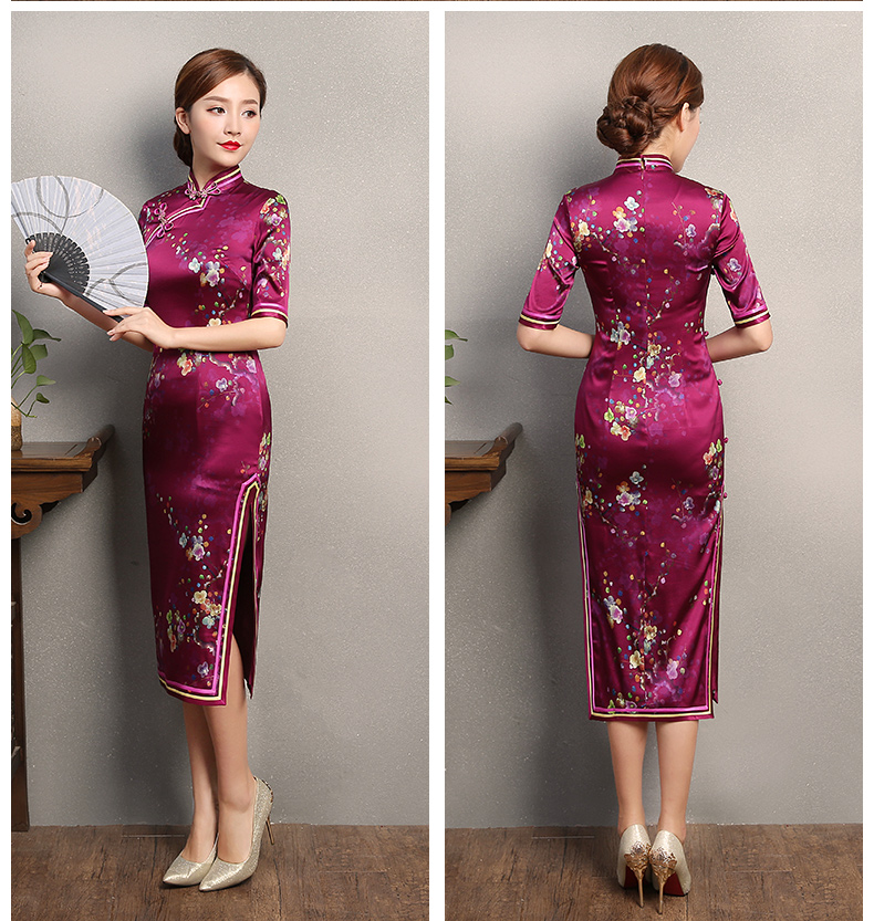 玫紅色印花旗袍，中袖真絲旗袍裙