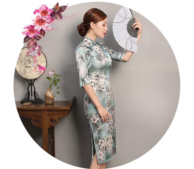 淡青色印花旗袍，芳顏中袖真絲旗袍裙