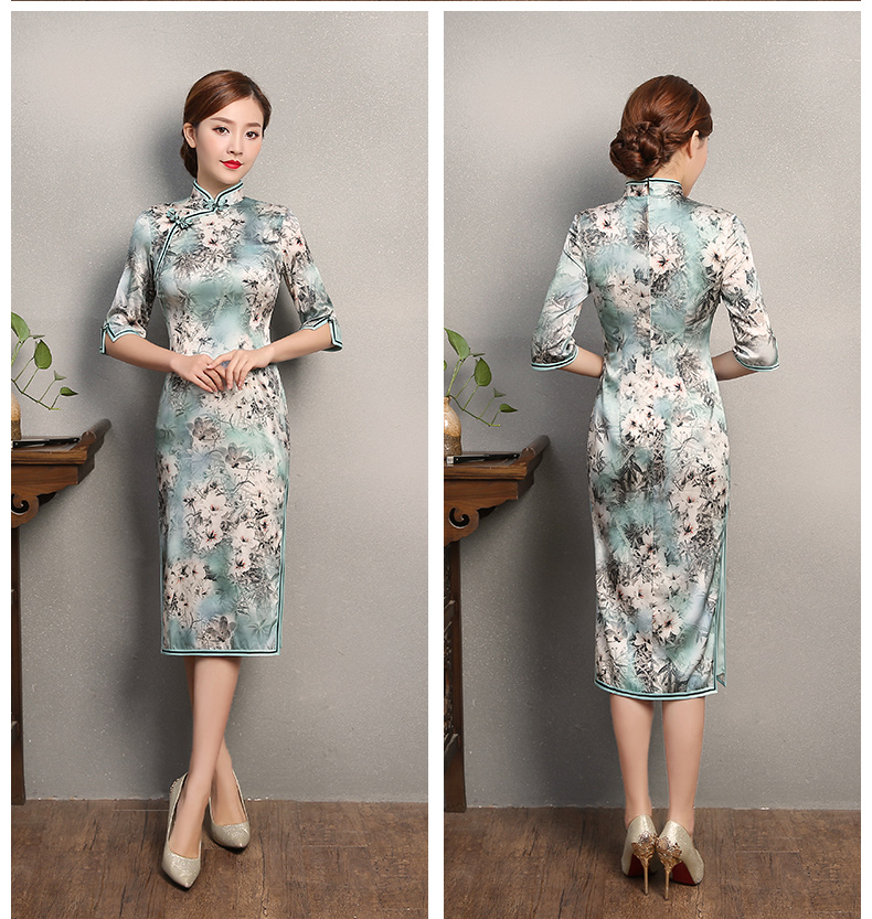 淡青色印花旗袍，芳顏中袖真絲旗袍裙