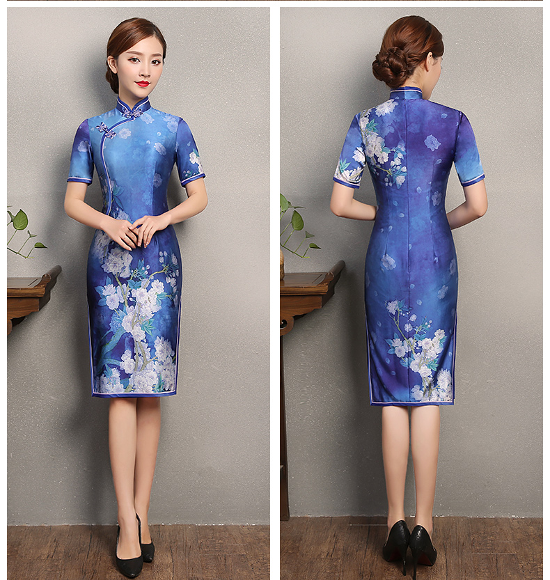 藍嬌印花旗袍，復古真絲旗袍裙