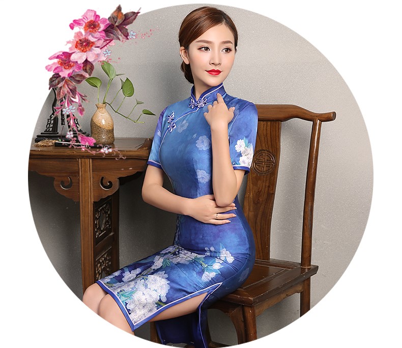 藍嬌印花旗袍，復古真絲旗袍裙