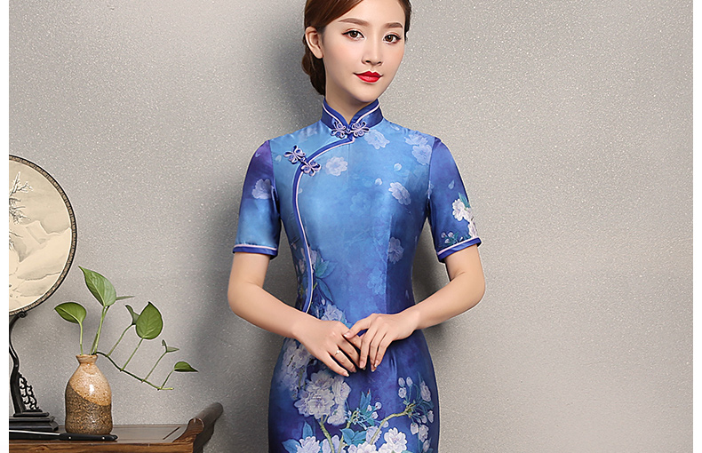 藍嬌印花旗袍，復古真絲旗袍裙