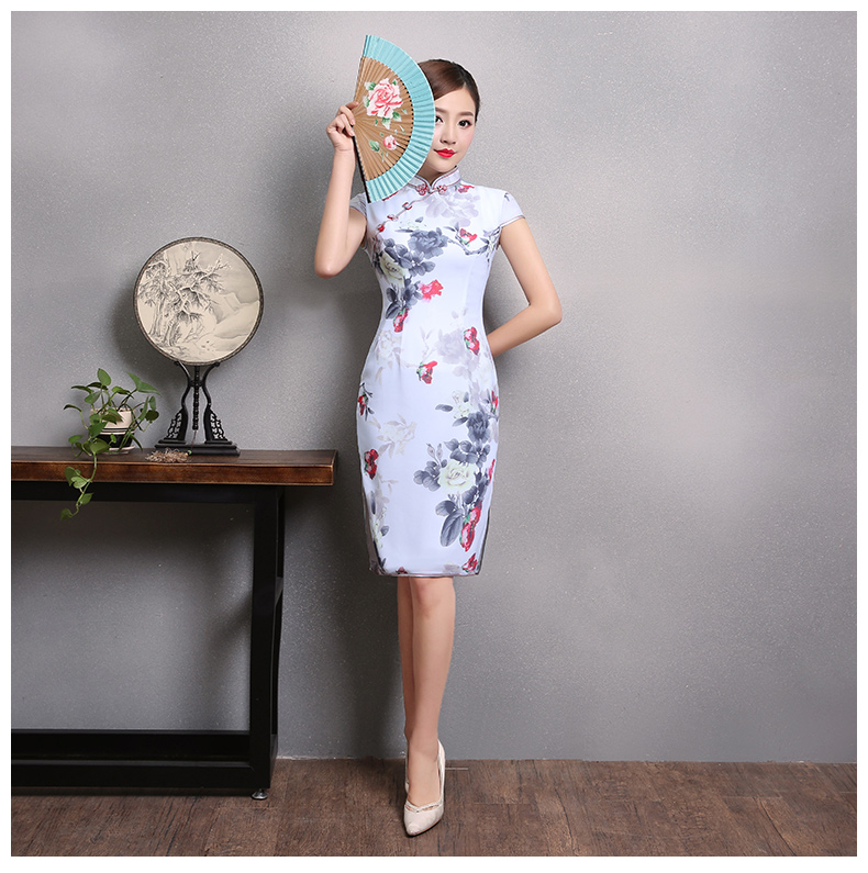 花美牡丹旗袍，復古家佳樂文學短袖旗袍裙
