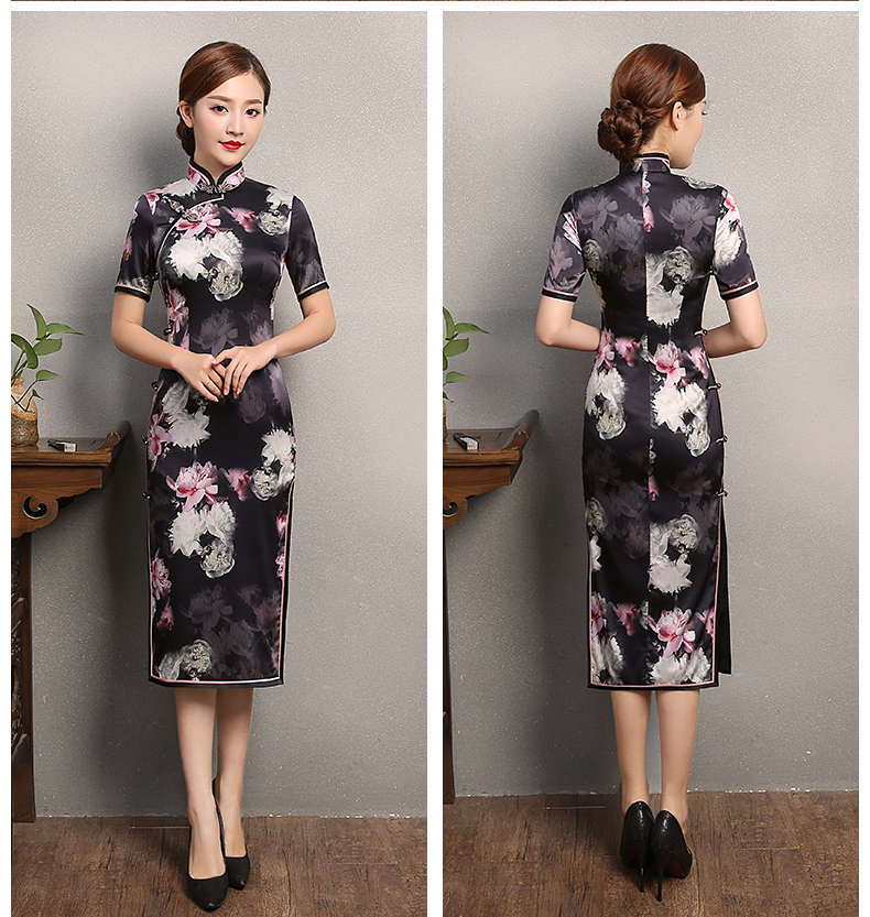 夜雨粉白印花旗袍，短袖真絲旗袍裙