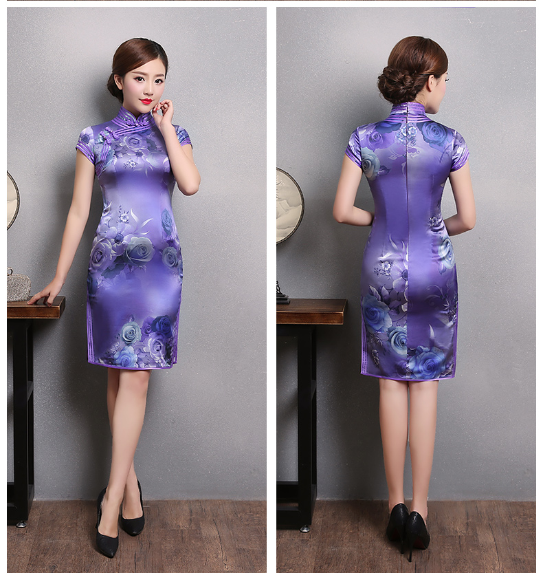 紫玫瑰印花旗袍，短袖三包邊旗袍裙
